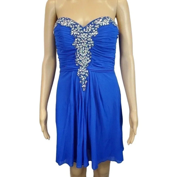 Blondie Nites By Stacy Sklar Blue Strapless Knee Length Tule Formal Dress Size 9 - Picture 1 of 9